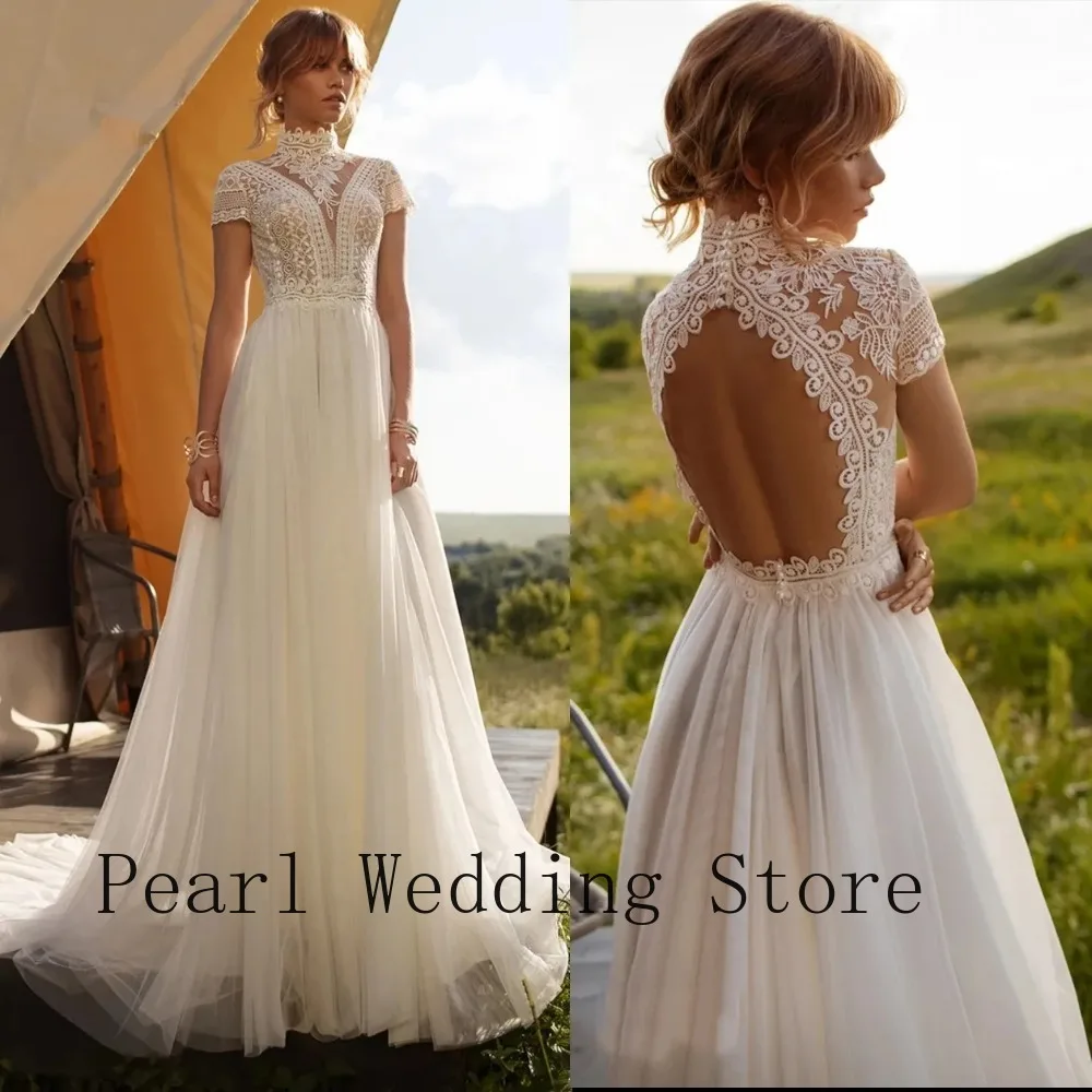 High Neck Lace Wedding Dress – Cap Sleeve Tulle A-Line with Train for Glamping Wedding Outdoor Garden & Rustic Country Ceremony