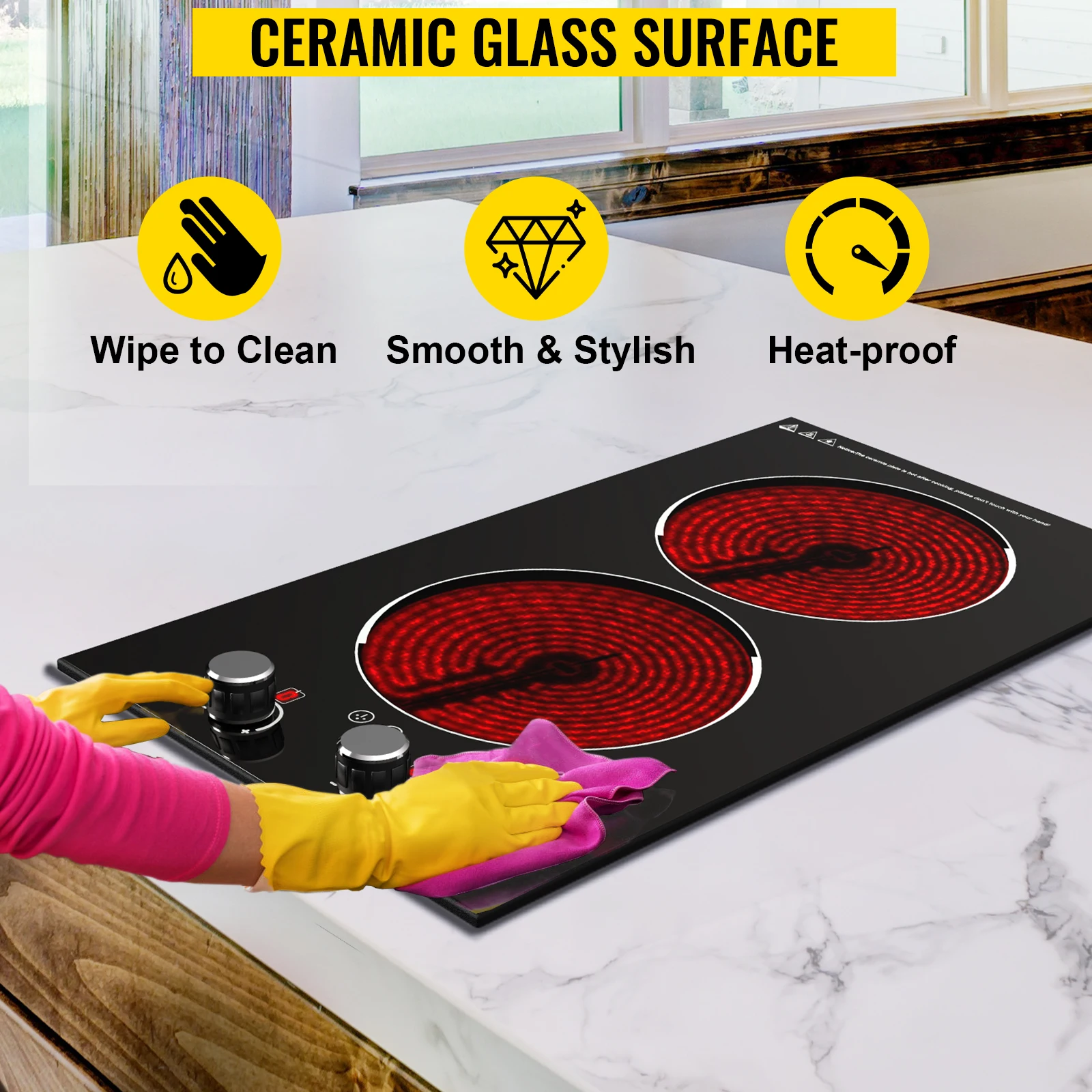 موقد VEVOR 11/30/35 بوصة 2/4/5 موقد كهربائي مدمج 220 فولت من السيراميك والزجاج مشع مع مقبض مؤقت تحكم عن بُعد