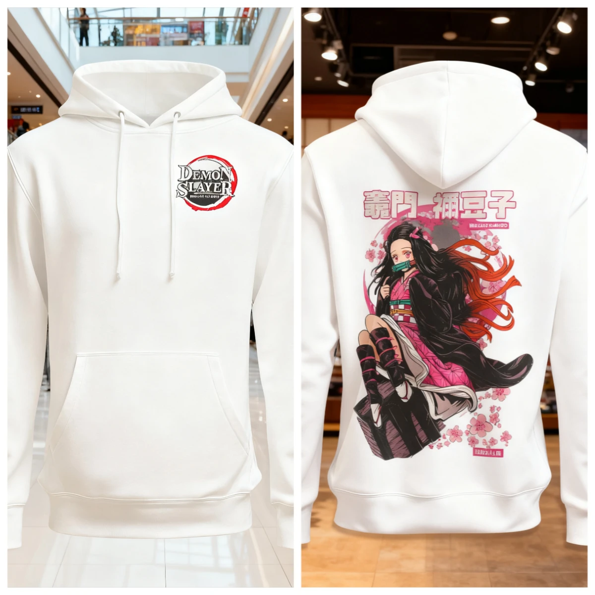 شيطان القاتل أنيمي القطن هوديي اللون الوردي طباعة شخصية مع الشعر الطويل أسود أحمر الزي التقليدي تصميم الظهر عارضة