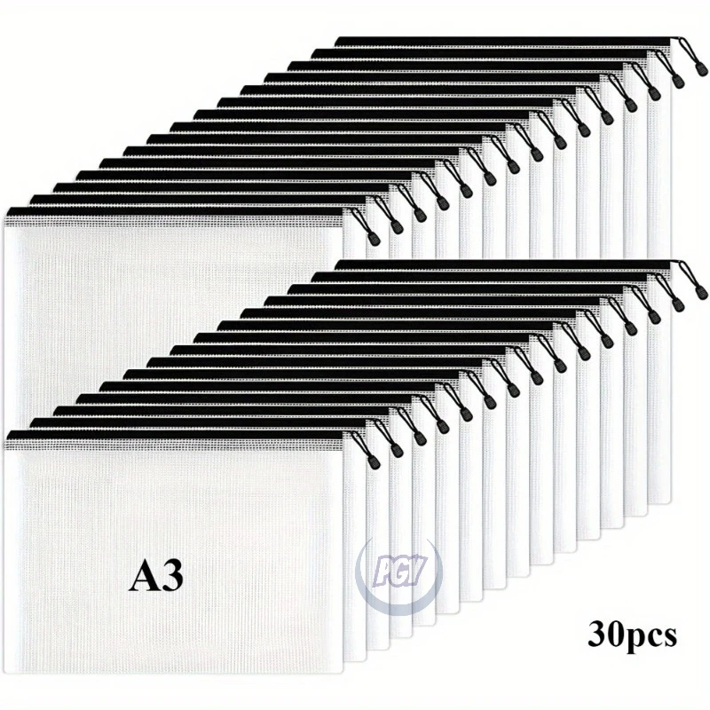 30 Stück A3 A4 Mesh-Reißverschlussbeutel, wasserdicht, PVC, groß, durchsichtig, Datei-Organizer, Taschen, Schule, Bürobedarf, Reisen, Puzzles, Organisieren