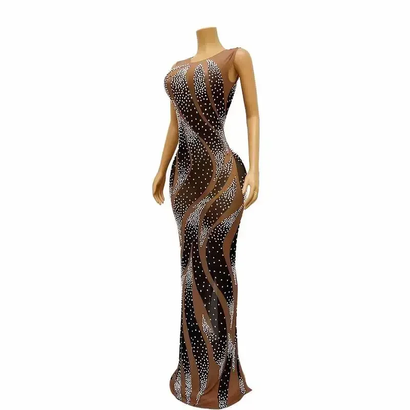 

Women Sleeveless Birthday Wedding Evening Celebrate Stretch Elegant Long Dress 2025 New Sexy Queen Costume Sheer Outfits