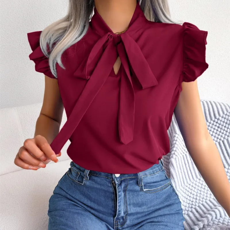 2024 Women Summer Black Ear Strap Bow Chiffon Shirt Office Lady Solid Color Slim Sleeveless Pullover Blouse Tops Femme Blusas