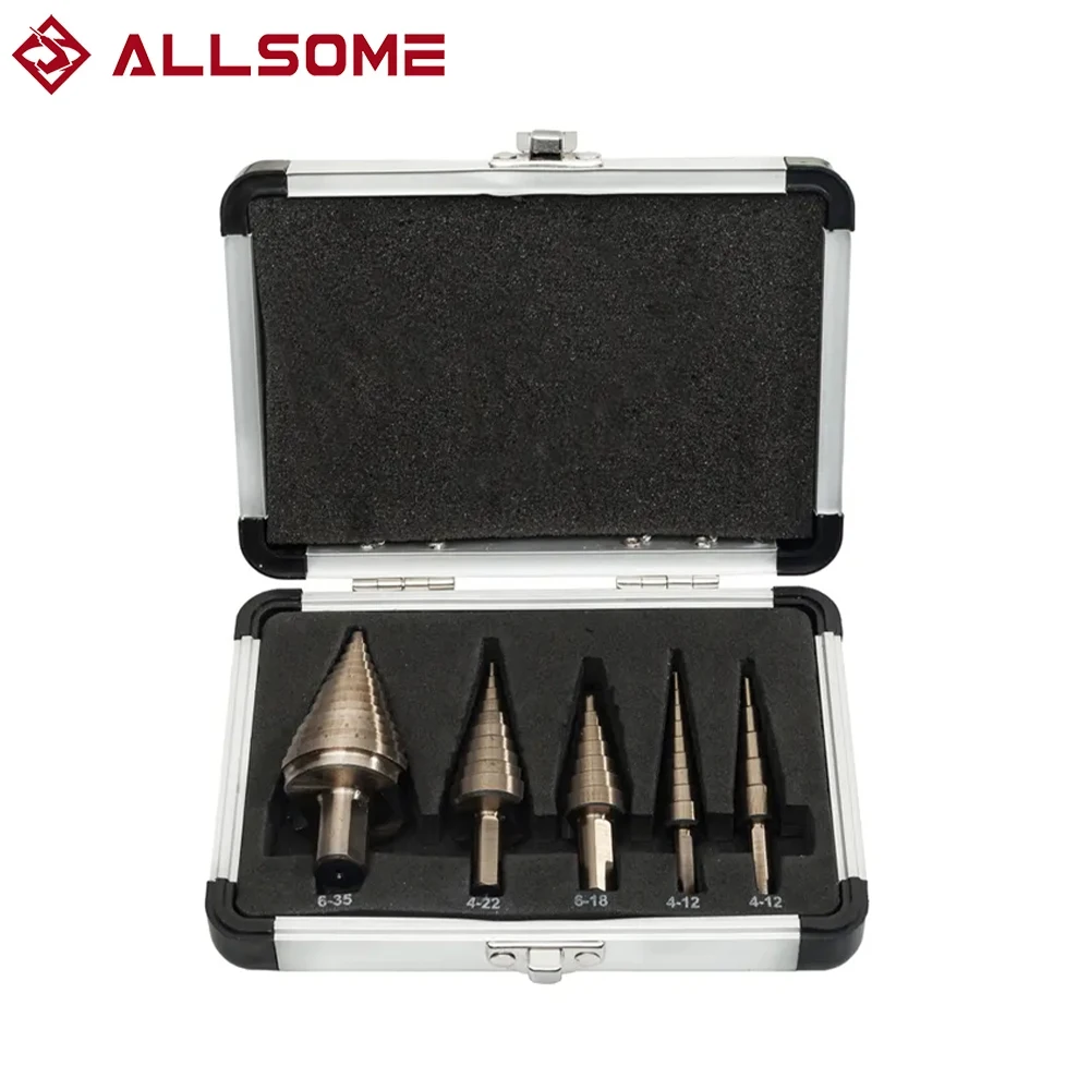 ALLSONE 5pc Step Drill Bit Set Cobalt Titanium HSS Unibit Drill Bits for Sheet Metal with Case Multiple Hole Stepped Up Bits