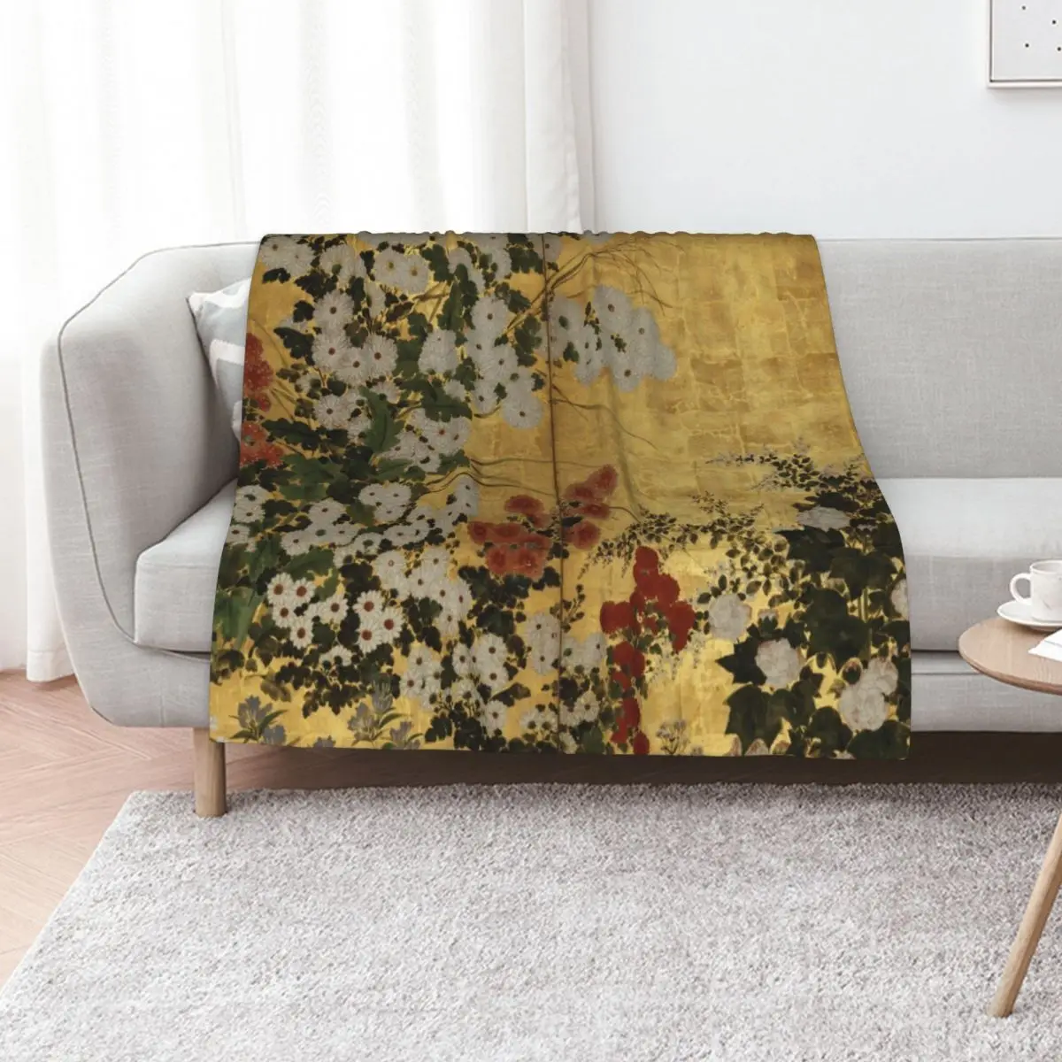 White Red Chrysanthemums Floral Japanese Gold Screen Print Throw Blanket Moving Thermal Decorative Throw Sofa Sofas Blankets