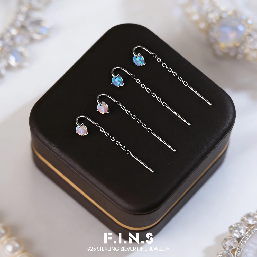 

F.I.N.S Korean Style S925 Sterling Silver Iridescent Blue Pink Opal Ear Wires Long Tassels Piercing Small Round Stud Earrings