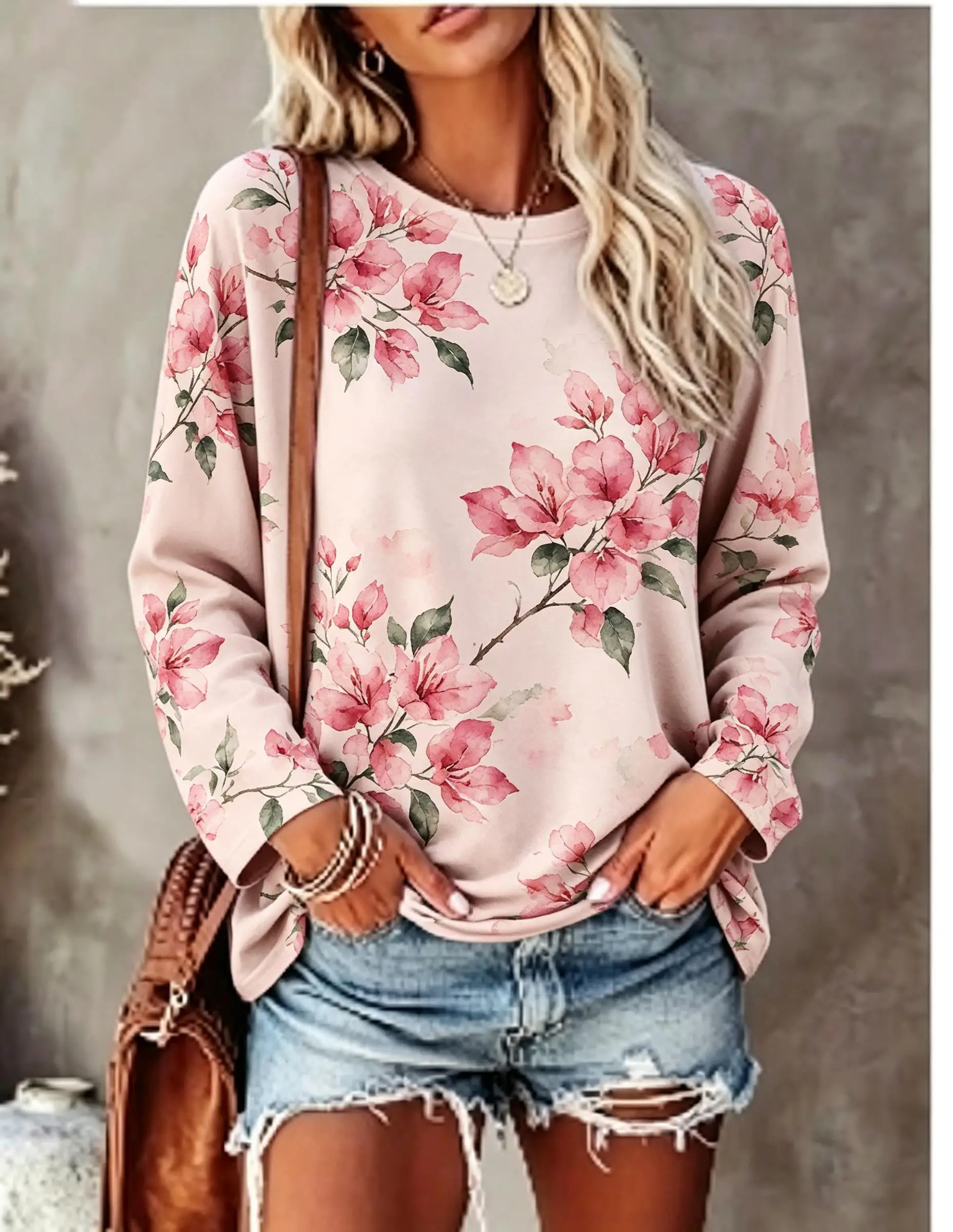 Women Long Sleeve T Shirt Watercolor Purple Hydrangea Floral Print Crew Neck Casual Fall Tops