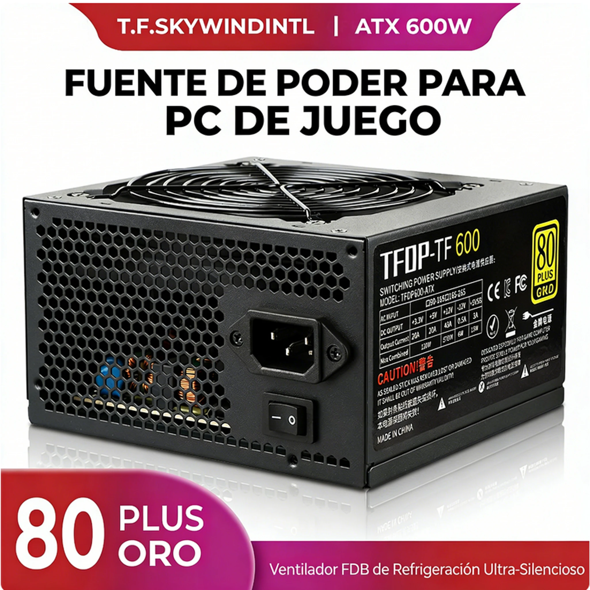 Fuente de alimentación para juegos 600W 80PLUS Gold ATX PC PSU No modular 90V-265V 20+4PIN Silenciosa Adecuada para computadora de escritorio, servidor o PC de juegos