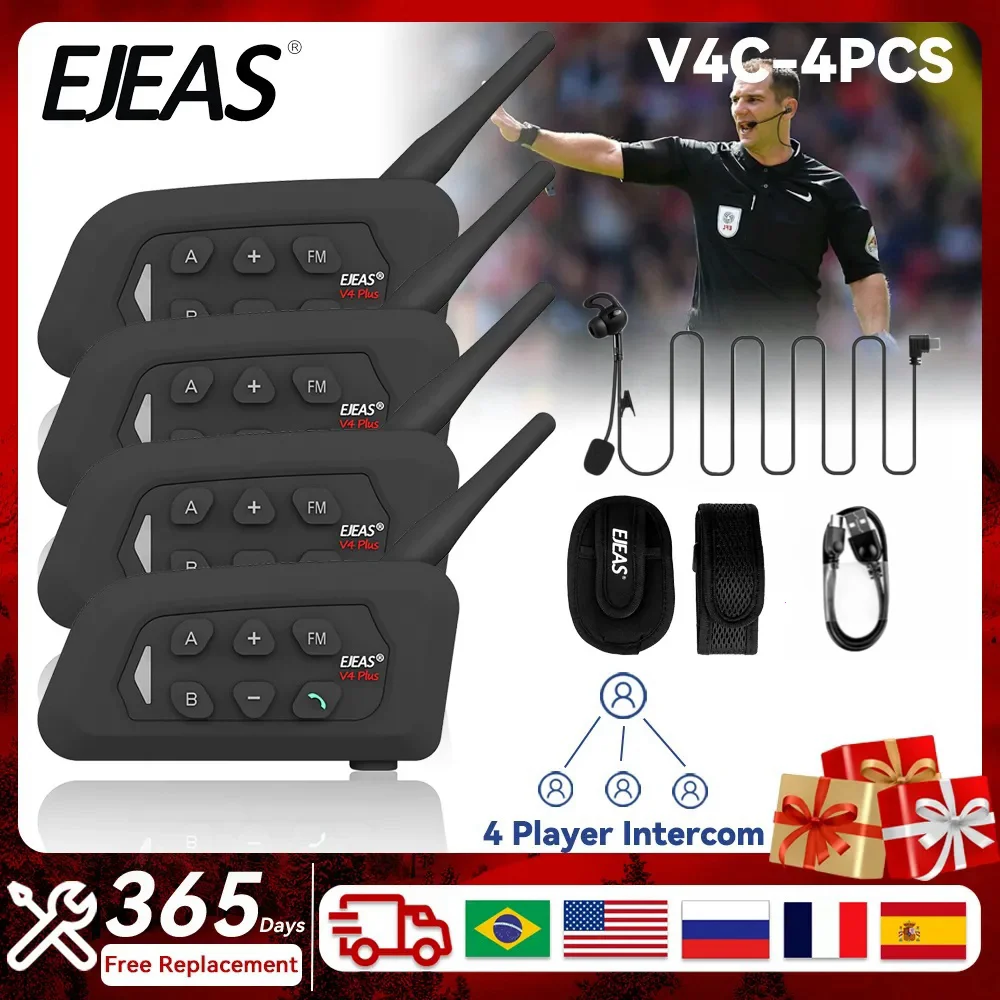 

EJEAS V4C Plus Soccer Referee Intercom Headset 2-4 Group Bluetooth5.1 Full Duplex 1200M Communication Headphones With Microphone