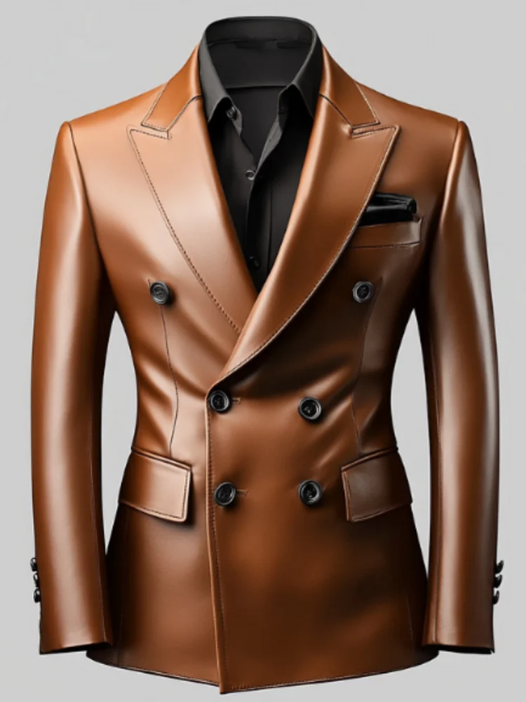 Men's Elegant PU Leather Blazers Peak Lapel Double Breasted Slim Fit Suits Business High-end Formal Prom Male Blazers