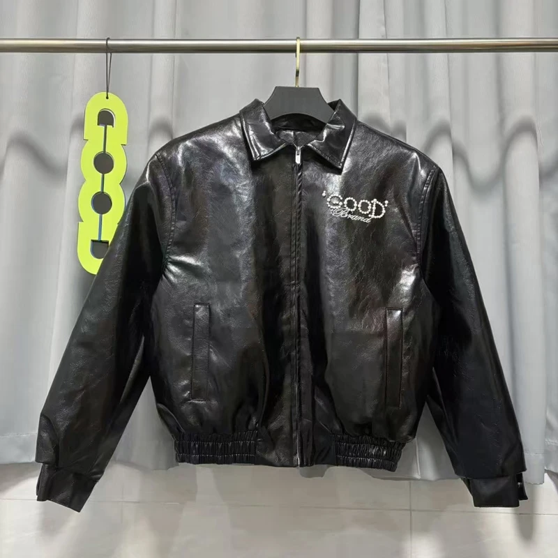 

New Goodbrand Jackets High Quality Black Leather Jacket Pearl Embroidery Letter Real Photo Trend Zipper Lapel Coat Men Women