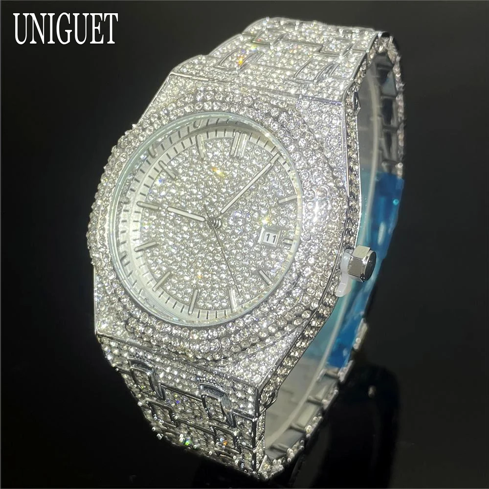 2024 Hot Luxury Iced Watch For Men Fashion Waterproof Quartz Wristwatch Cool Man Hip Hop Diamonds Bling Gold Watch Reloj Hombre