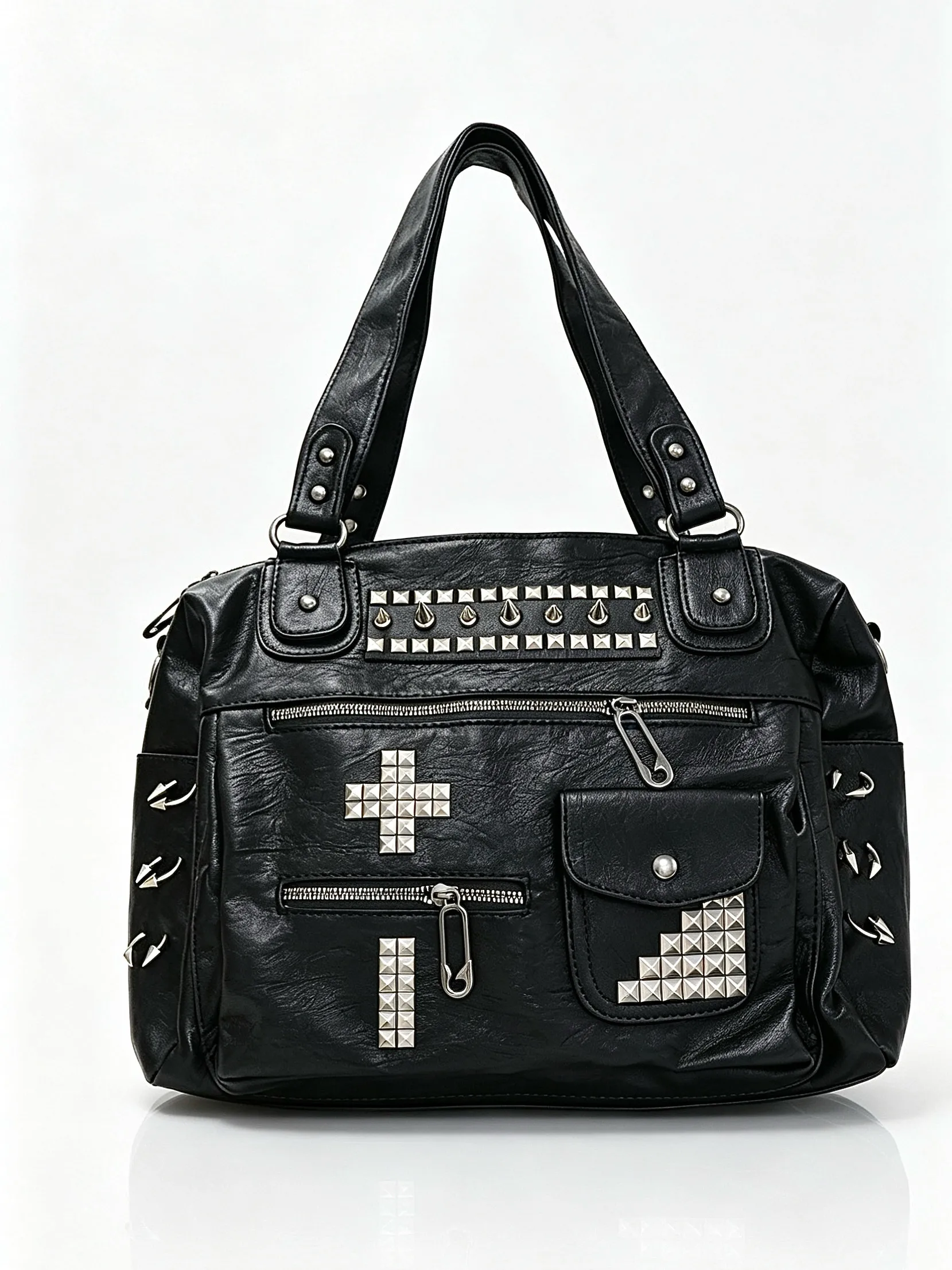 Cross Y2k Black Leather Versatile Unique Bag Original Design Multi Pocket Bag Rivet Punk Shoulder Bag
