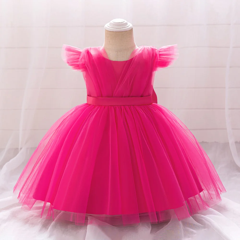 

Girls Pink Bow Formal Party Tulle Dresses 1st Birthday Princess Lace Ball Gown For Kids Children Fashion Clothes Evening Costume