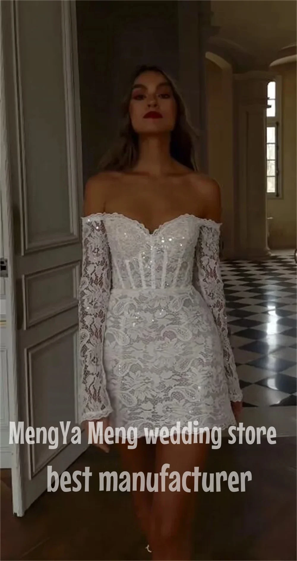 

ZHUISHU Shiny Full lace Mini Short Wedding Dresses Off Shoulder Long Sleeves US Women Bride Dress Customised Party Bridal Gowns