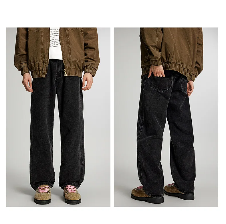 

Autumn Winter New Fashion Men's American Style Loose Wide Leg Straight Black Solid Color Casual Trendy Denim Trousers Male Jeans
