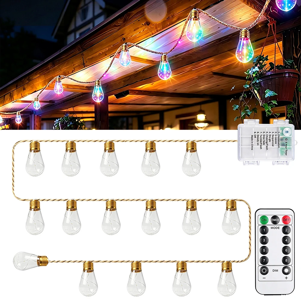 Vintage LED Jute Rope String Light G40 Globe Bulbs 8 Modes 13 Key Remote Waterproof Battery USB Powered 10 16 Bulbs Garden Decor