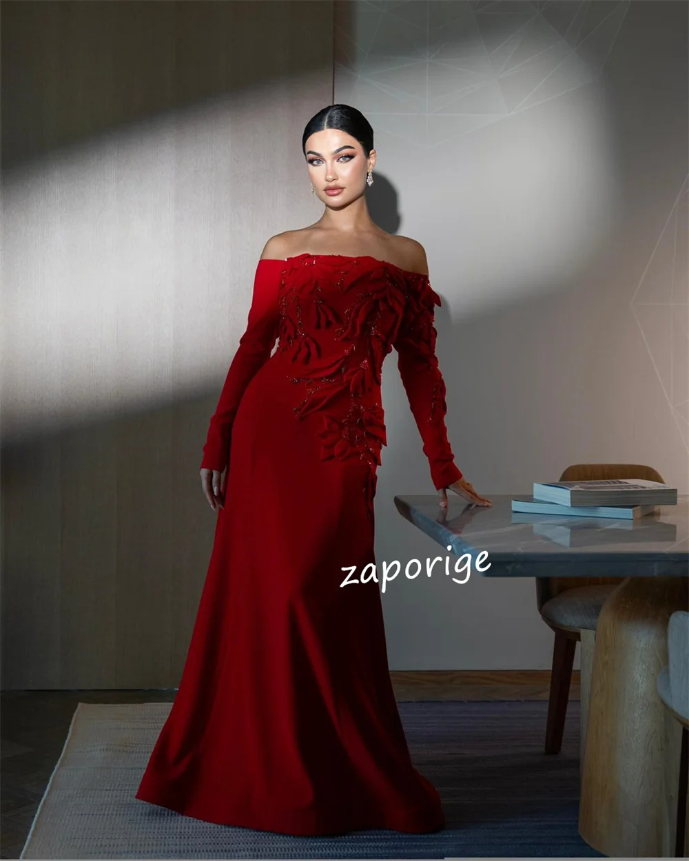 Customized Simple Jersey Pleat Flower A-line Off-the-shoulder Long Dresses Celebrity Bespoke Occasion High Quality