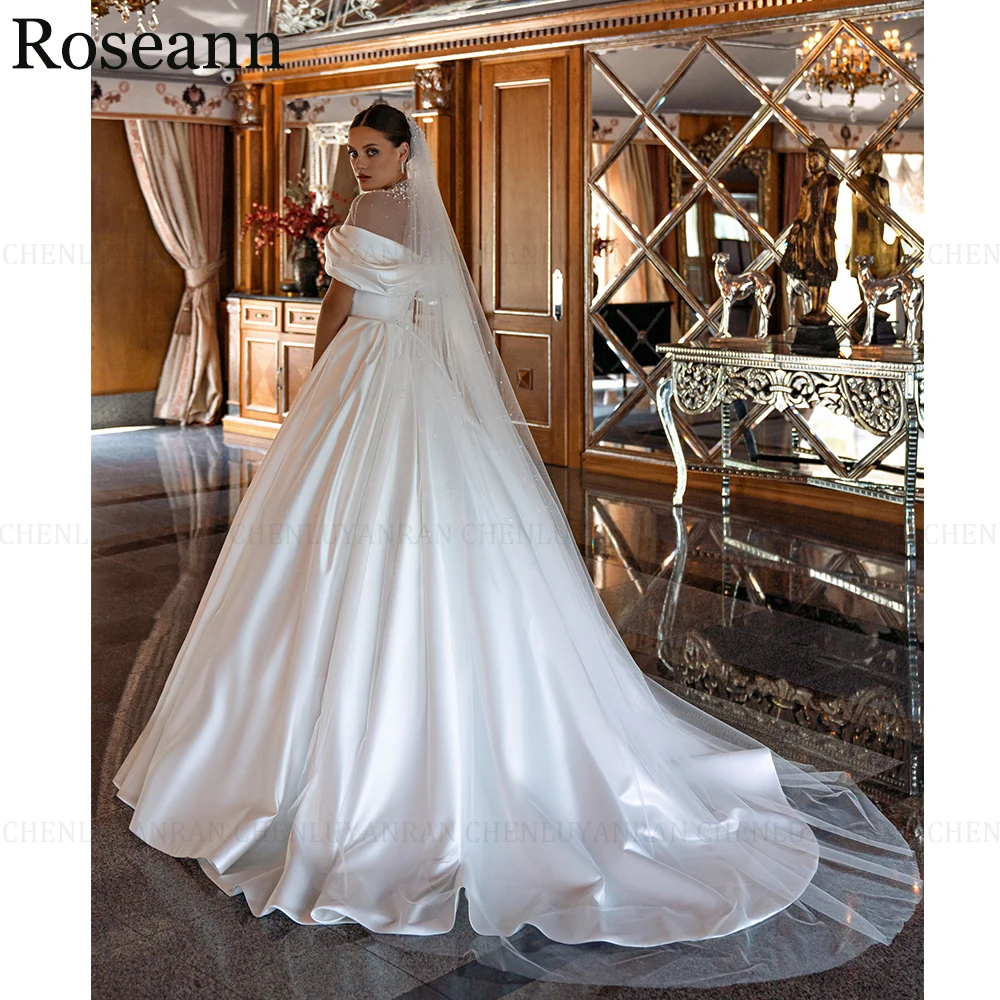 Customized Satin Pearls Luxury A-Line Wedding Dress 2026 New High Collar Sweep Train Pleated Long Bride Dress Vestidos De Novia