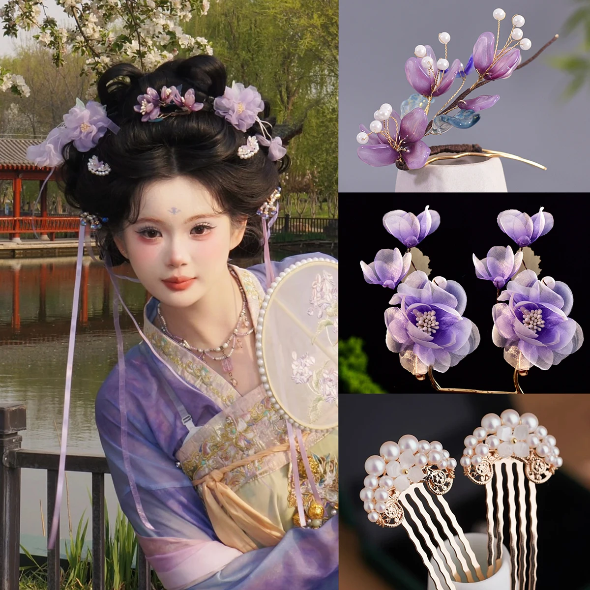 

Фиолетовый градиентный стеклянный головной убор в античном стиле Тан, древний китайский костюм с острым вилкой для волос, ювелирный аксессуар