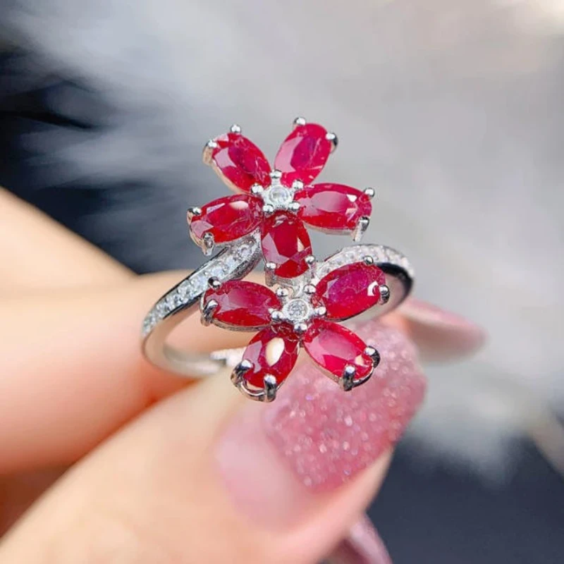 3x5mm Natural Ruby Ring with Certificate 925 Silver Flower Ring with Thick 18K Gold Plating Sterling Silver Gift for Women