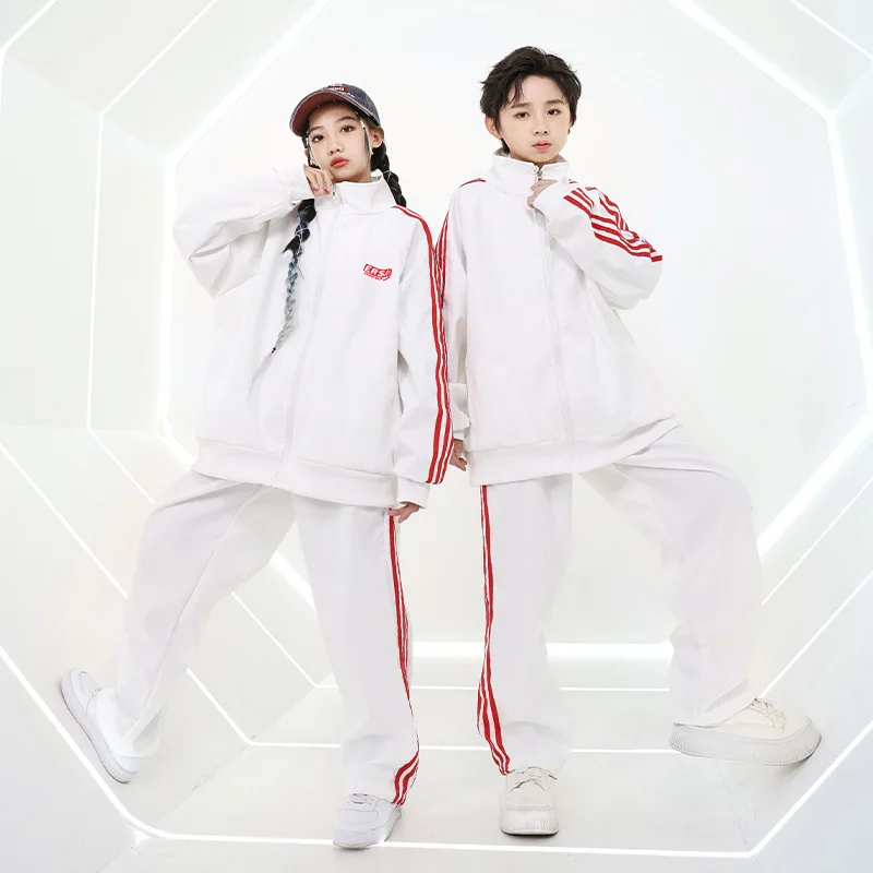 New Boys Hip Hop Clothing White Jacket Sport Top Joggers Pants Girls Boys Streetwear Outfits Jazz Dance Costumes Kids Tracksuit