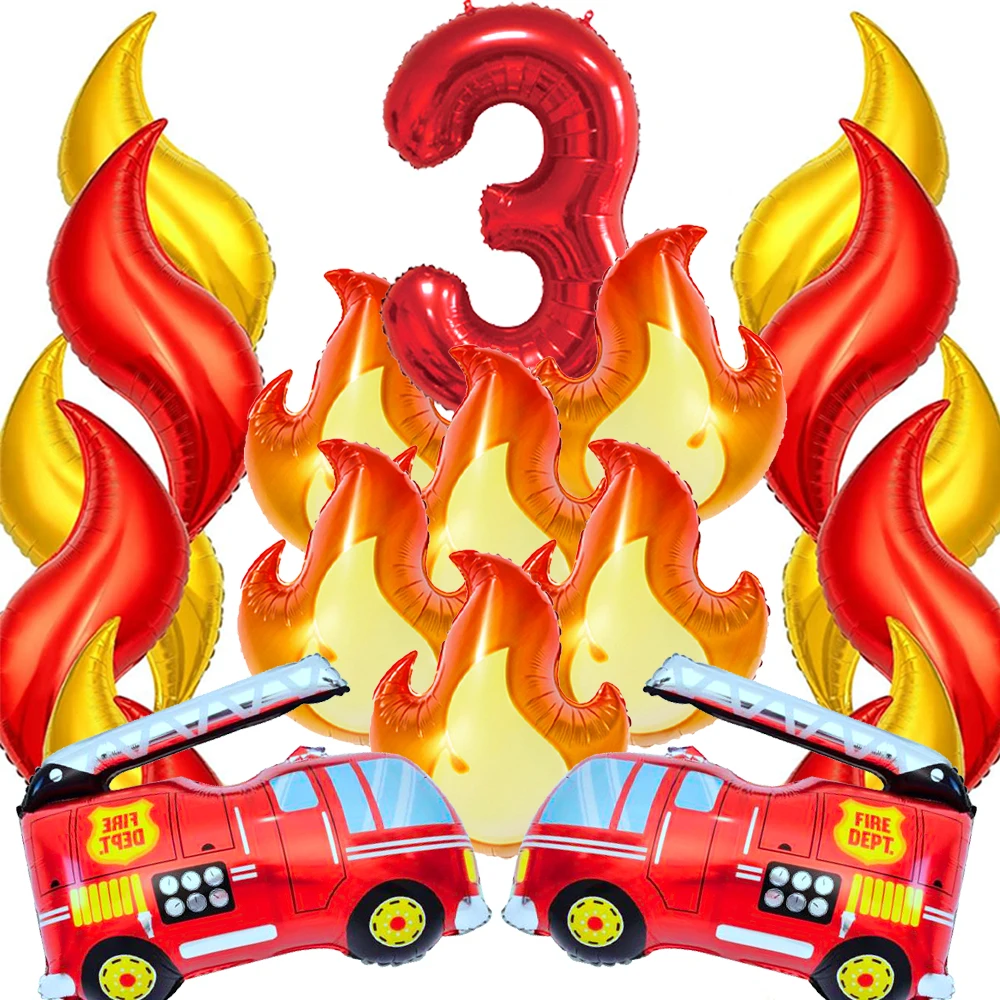 Fire Truck Birthday Party Decoration Foil Firetruk Flame Number Balloons for Kids Boys Fireman Birthday Firefighter Baby Shower