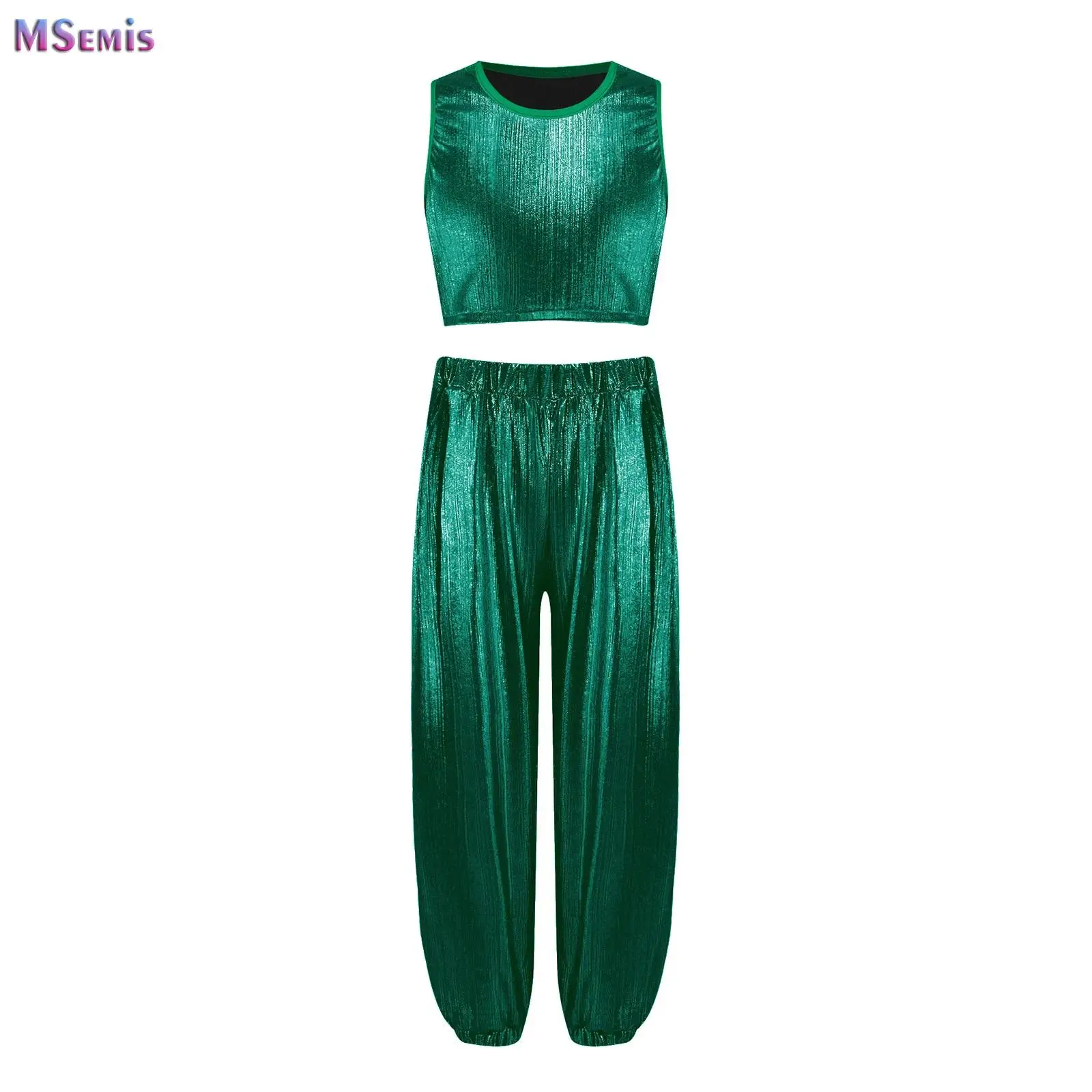 Children Girls Hip-Hop Jazz Dance Performance Outfits Sleeveless Sparkling Metallic Ribbed Crop Top with Jazz Pants Dancewear