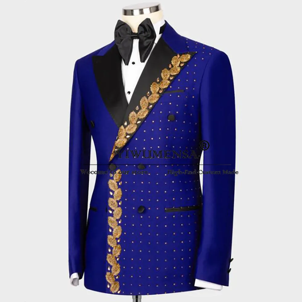 Royal Blue Wedding Suits For Men Gold Appliques Beaded Laepl Jacket With Black Pants 2 Pieces Groom Tuxedos Terno Masculino 2024