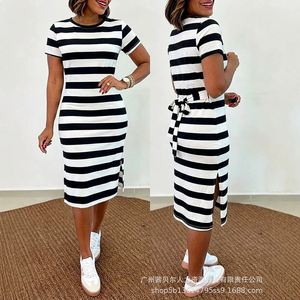 Striped Dress Women Summer Short Sleeve Tie Waist Slit Midi Dresses