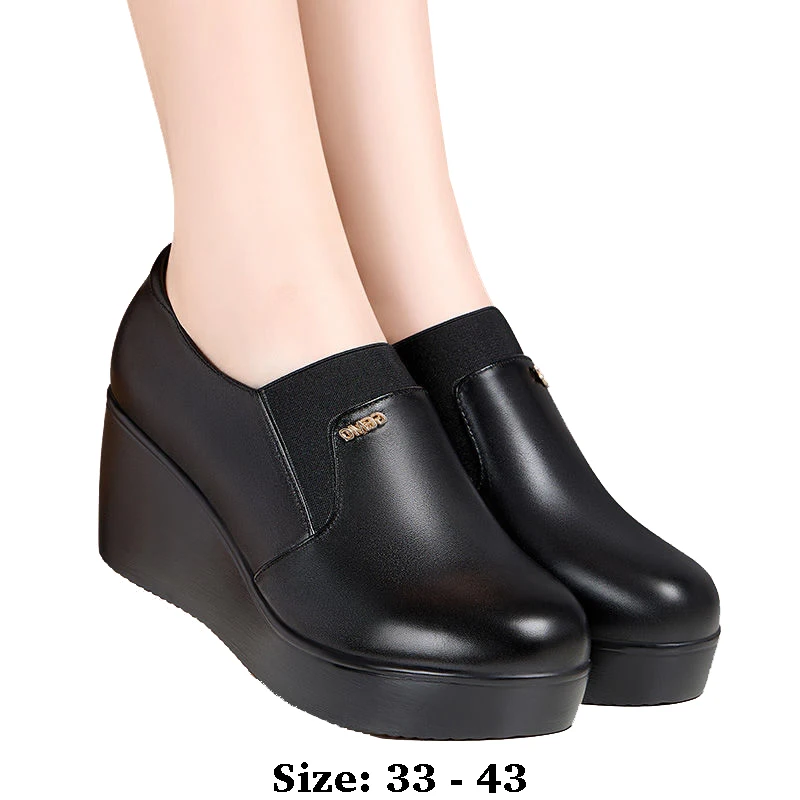 

high quality leather wedge shoe for women 6cm mid heel platform round toe 33 34 35 elegant office 2025 autumn winter shoe black