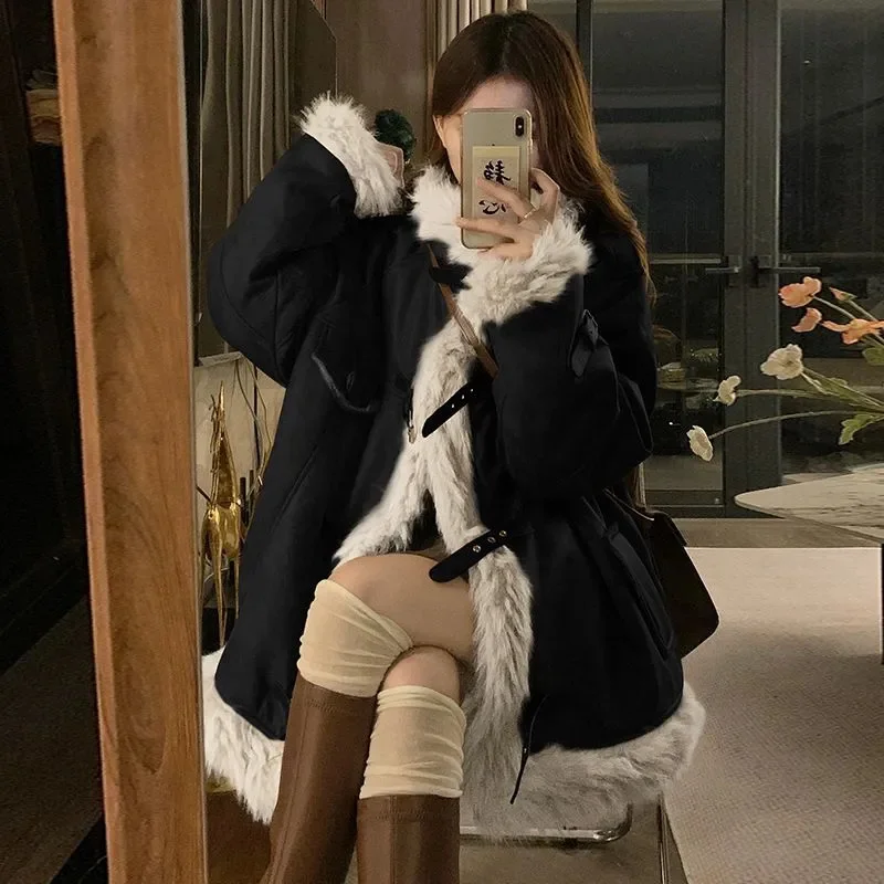 2023 Winter Clothes Medium To Long Imitation lambswool Coat Women Add Velvet Padded Slim Coat Female With Big Fur Collar Jacket