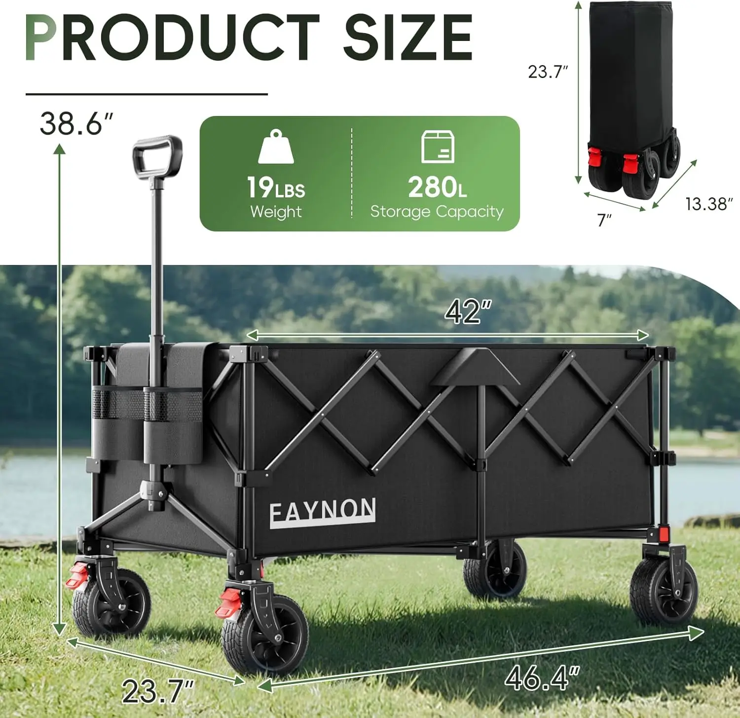 Garden and Beach Use, Collapsible Material, Black, 500LB Capacity, All-Terrain Wheels, Drink Holders
