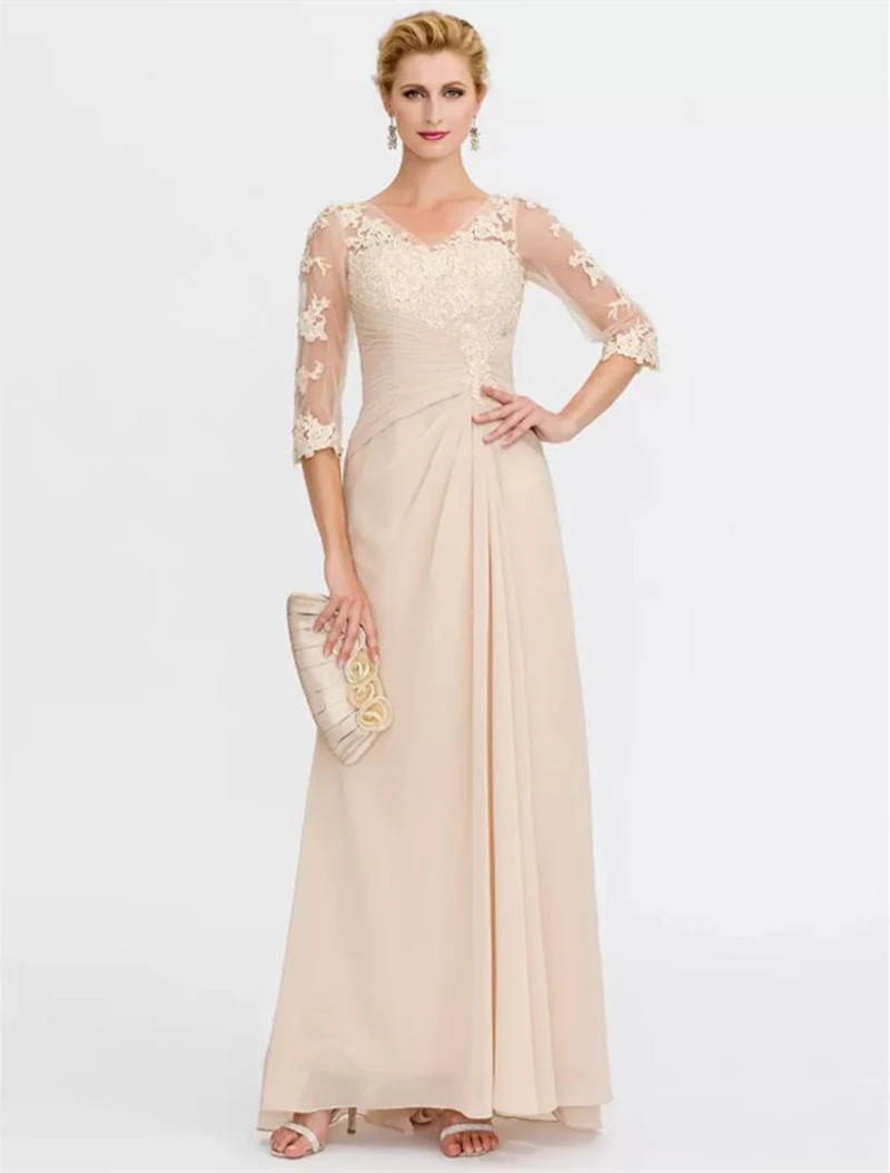 Mother of the Bride Dresses Elegant V Neck Floor Length Chiffon Illusion Sheer Lace Half Sleeve Appliques vestidos de noche 2022