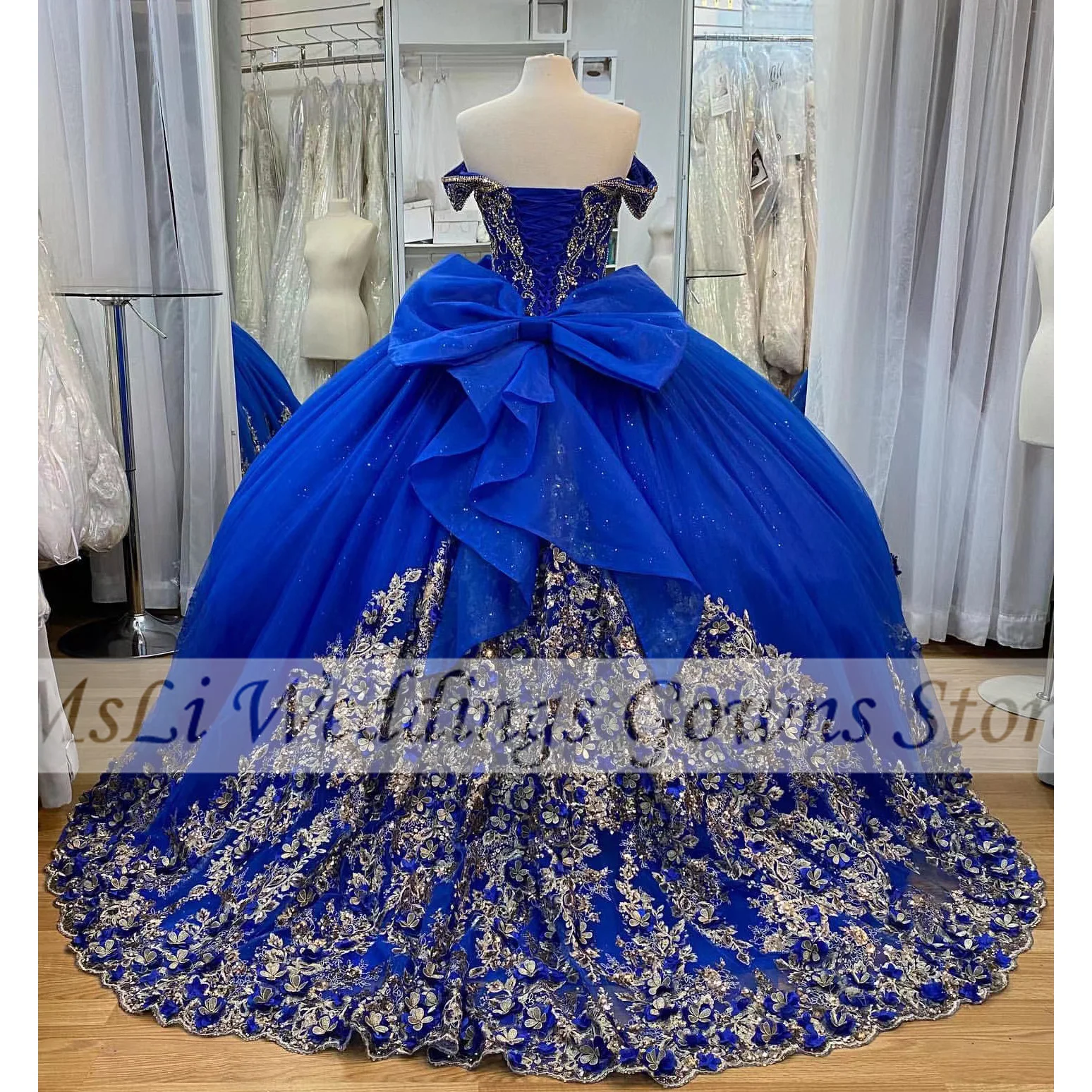 Royal Blue Quinceanera Gaun Bola Gaun Busur Manik-manik Appliques Vestidos De 15 Años Sweet 16 Gadis Prom Dress