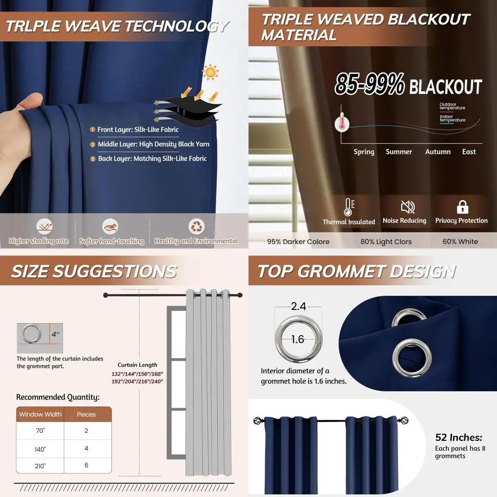 Gorden Kedap Suara Navy Blue 12 kaki Panjang, 144 Triple-Weave untuk Ruang Tamu dengan Plafon Tinggi