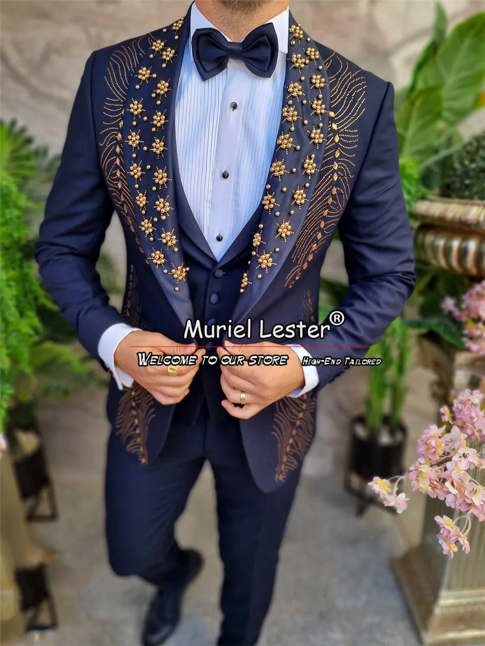 Navy Blue Wedding Suits For Men Golden Beaded Jacket Vest Pants 3 Pieces Formal Groom Tuxedos Custom Made Business Party Dress