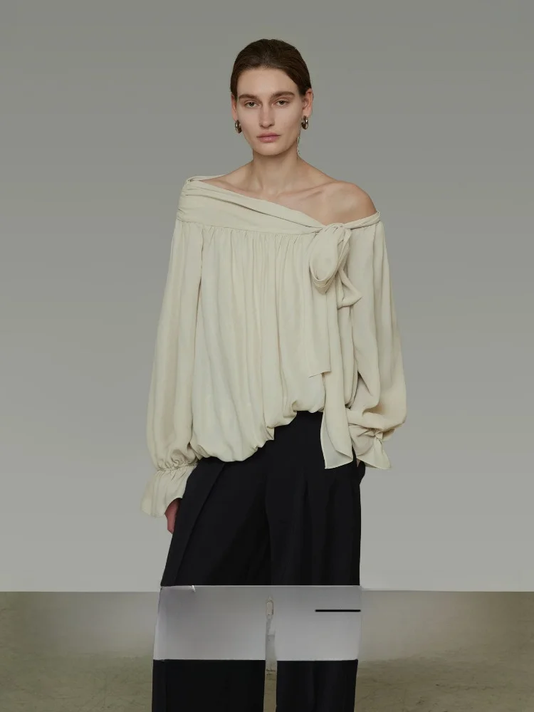 

Unspoken Irregular Shoulder Women's Shirt Spring 2026 New Design Sense Belted Shoulder Bared Top Long Sleeve Polyester Fiber