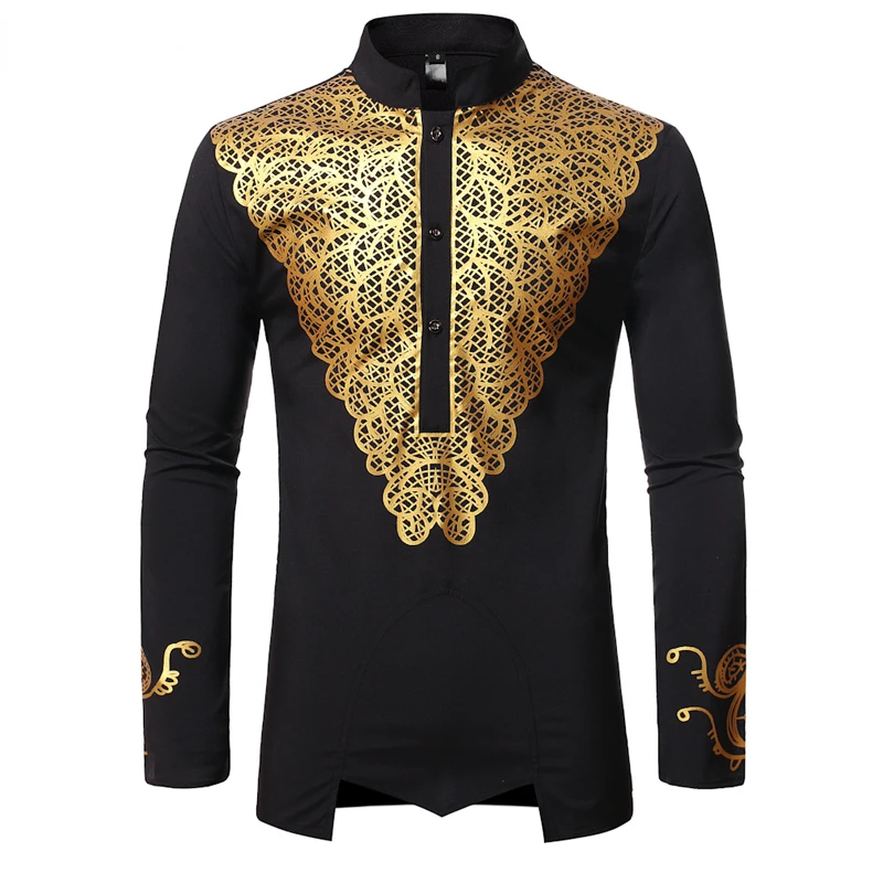 

Men's Luxury Gold Print African Traditional Shirts Nehru Collar Wedding Clothing for Men Africa