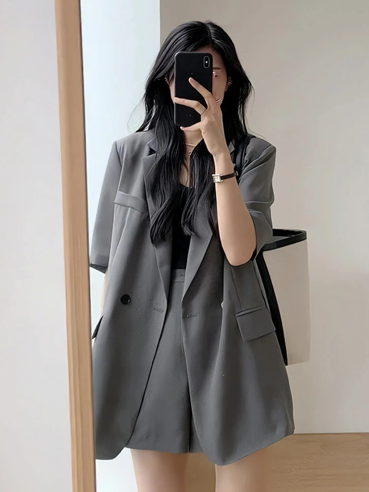 

2023 Summer Korean Slim Short-sleeve Suit Jacket High Waist Shorts Two Piece Set Women Suit Casual Loose Suit 2 Piece Set Female