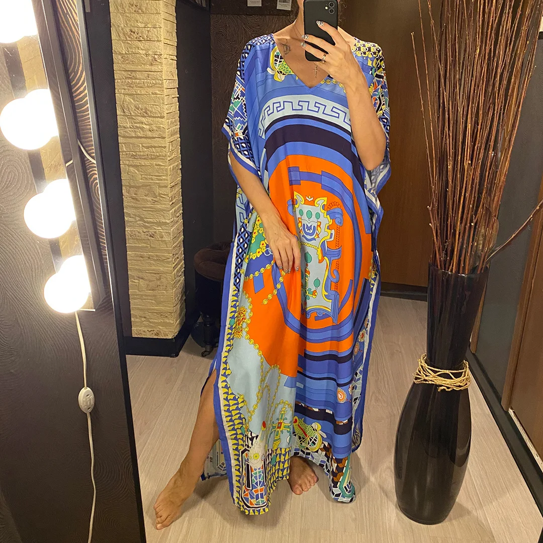 2026 Neues Buntes Kaftan-Tunika Strandkleid Strandmode Strandüberwurf Locker Sitzendes Maxikleid für Damen V4428 – Detail 7