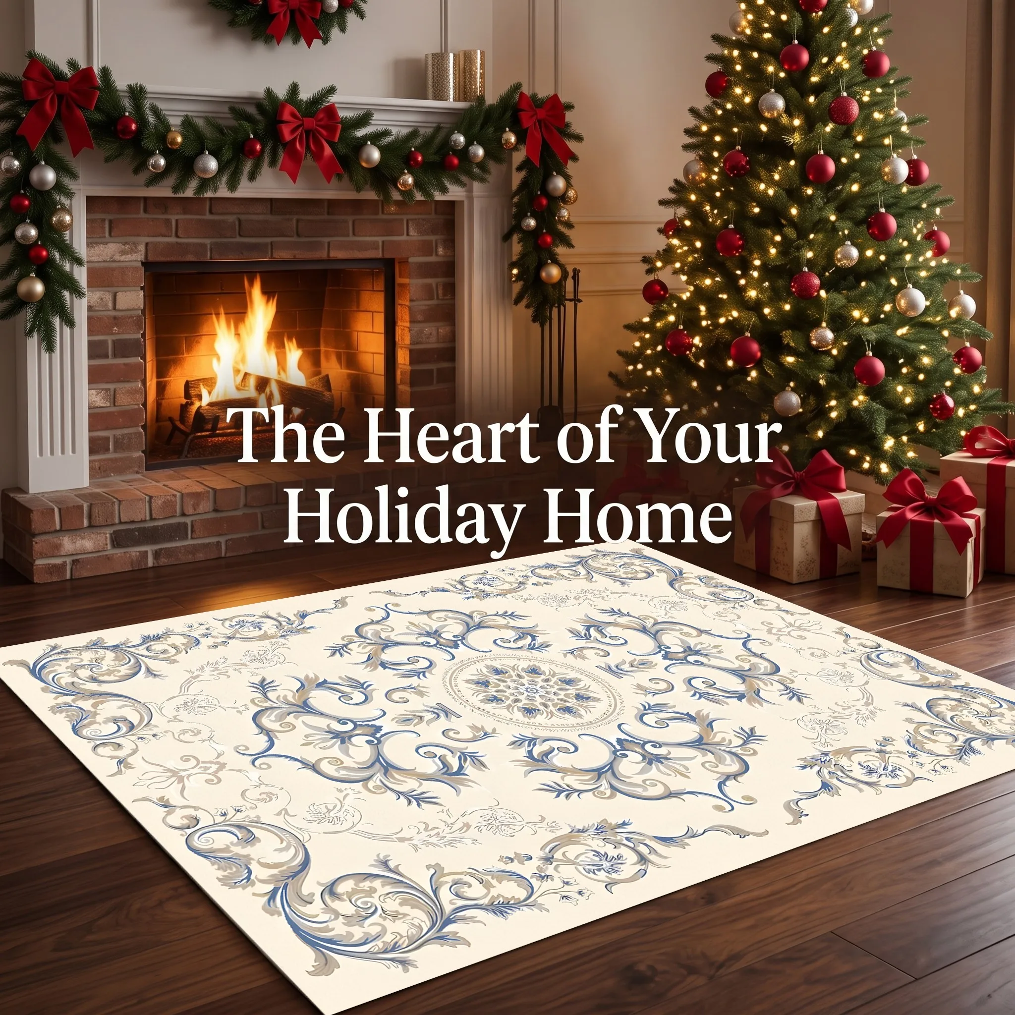 Off-White Blue European Symmetrical Scroll French Retro Christmas New Year Velvet Rug for Living Room, Coffee Table, and Bedroom