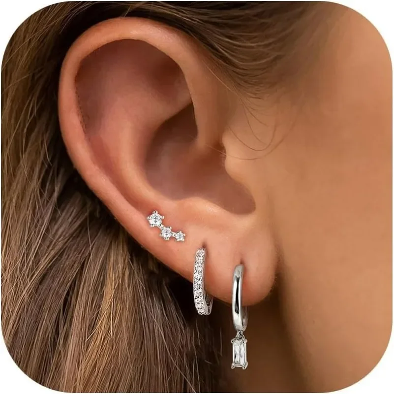 

Gold Earrings for Women Silver Small Hoop Earrings Set for Multiple Piercing CZ Huggie Stud Earring 14K Gold Hypoallergenic
