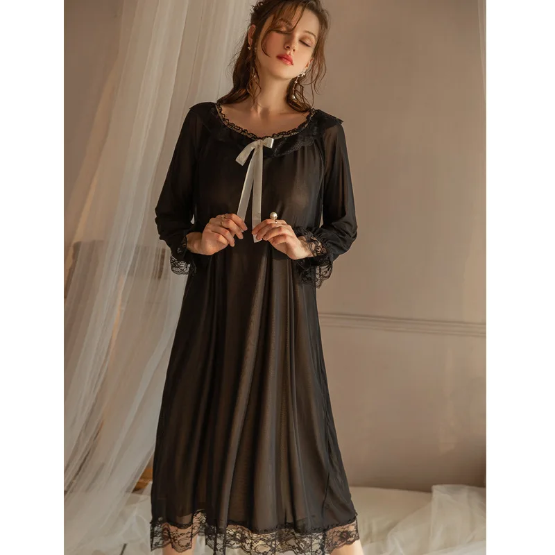 Sexy nightdress women's thin lined double-layer long-sleeved long black lace mesh sweet and pure princess style pajamas