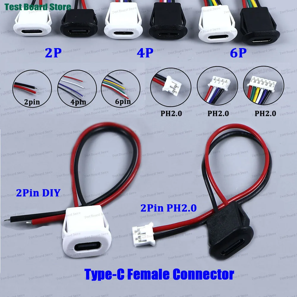 1/2/5pcs USB-C Waterproof Connector Type-C Jack Female 2/4/6P Type-C With Card Buckle High Current Fast Charging Jack With PH2.0