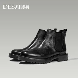 Desai Add Fur Men's Chelsea Boots Warm Genuine Cow Leather Handmade Shoes For Formal Dress Wedding Business Soft Outsole 2024