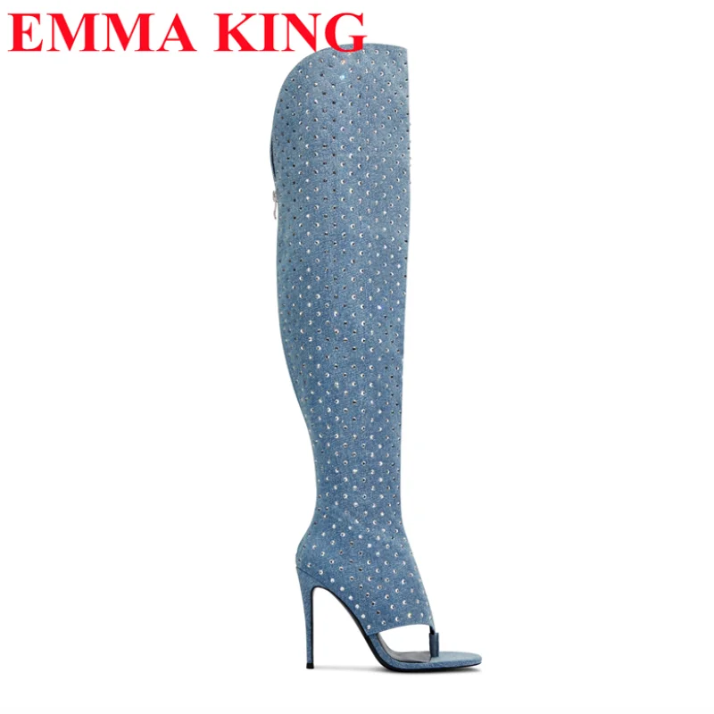 

Denim Blue Crystal Over The Knee Sandals Boots Women Fashion Rhinestone High Heels Thigh High Boots Luxury Designer Shoes Woman