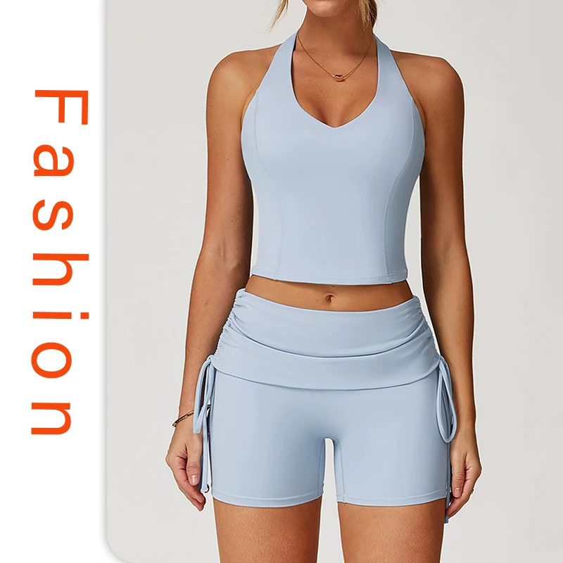 

2-Piece Fashionable Yoga Set Women's Thin Belt Halter Top High-Waisted Fitness Suit Sports Running Set With Chest Pads