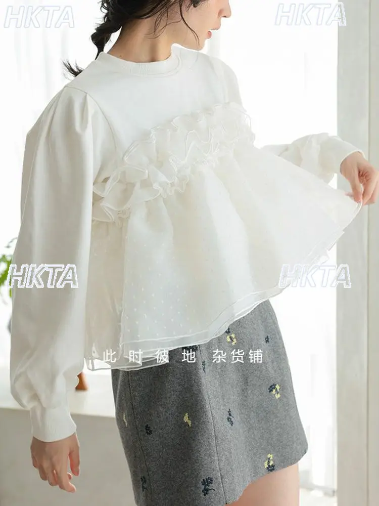 เสื้อฮู้ดสไตล์ญี่ปุ่นทรงหลวมลำลองลายจุดผ้าซีทรูแบบต่อผ้า เสื้อแจ็คเก็ตสเวตเชิ้ตใหม่ประจำปี 2025 เสื้อผ้าผู้หญิงสำหรับฤดูใบไม้ร่วงและฤดูหนาว