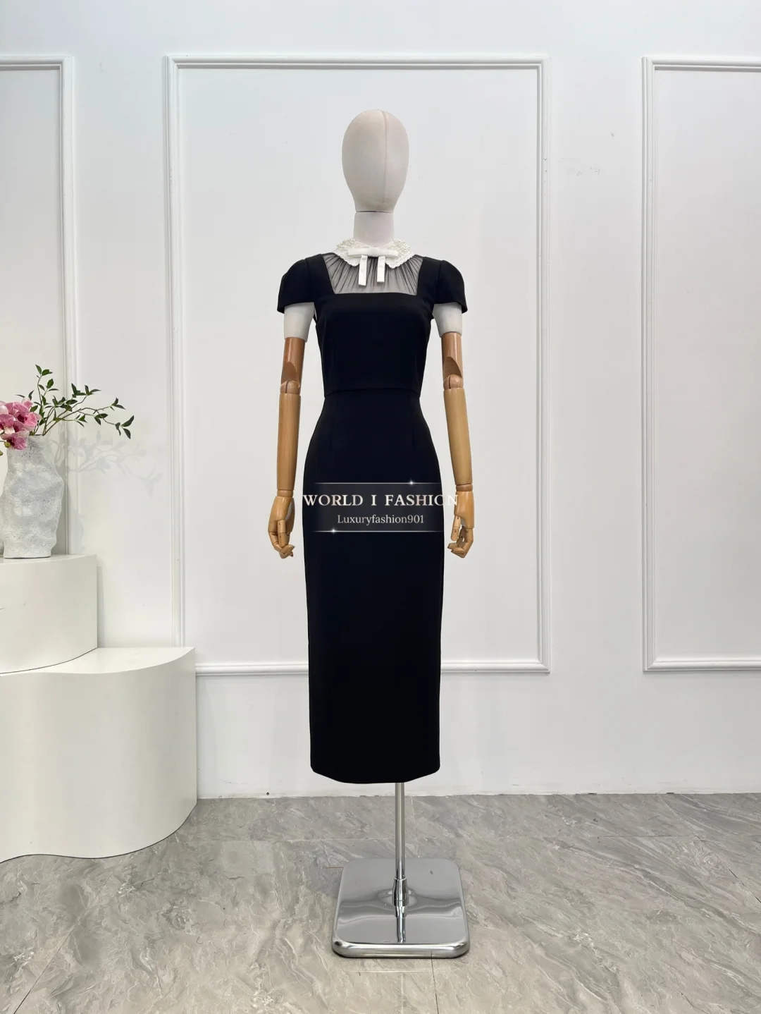 Party neuSchwarzes, kurzärmliges, durchsichtiges Midikleid mit Spitze, 2025, hohe Qualität