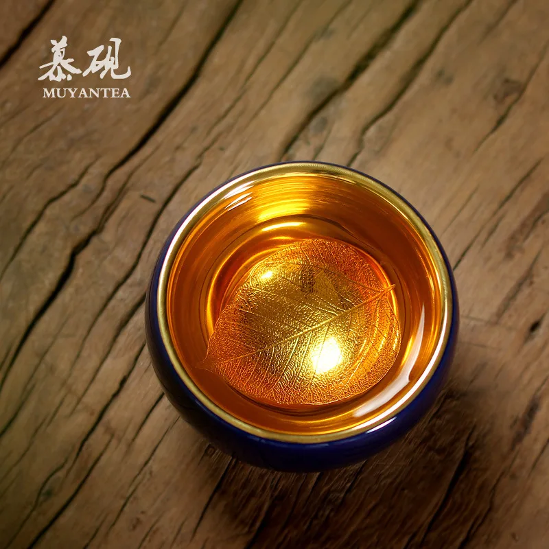 

24K Gold By Renowned Pottery Master Wang Shun, Handcrafted Blue-Gilt Leaf For Pu'er Tea, Tea Tasting Cup